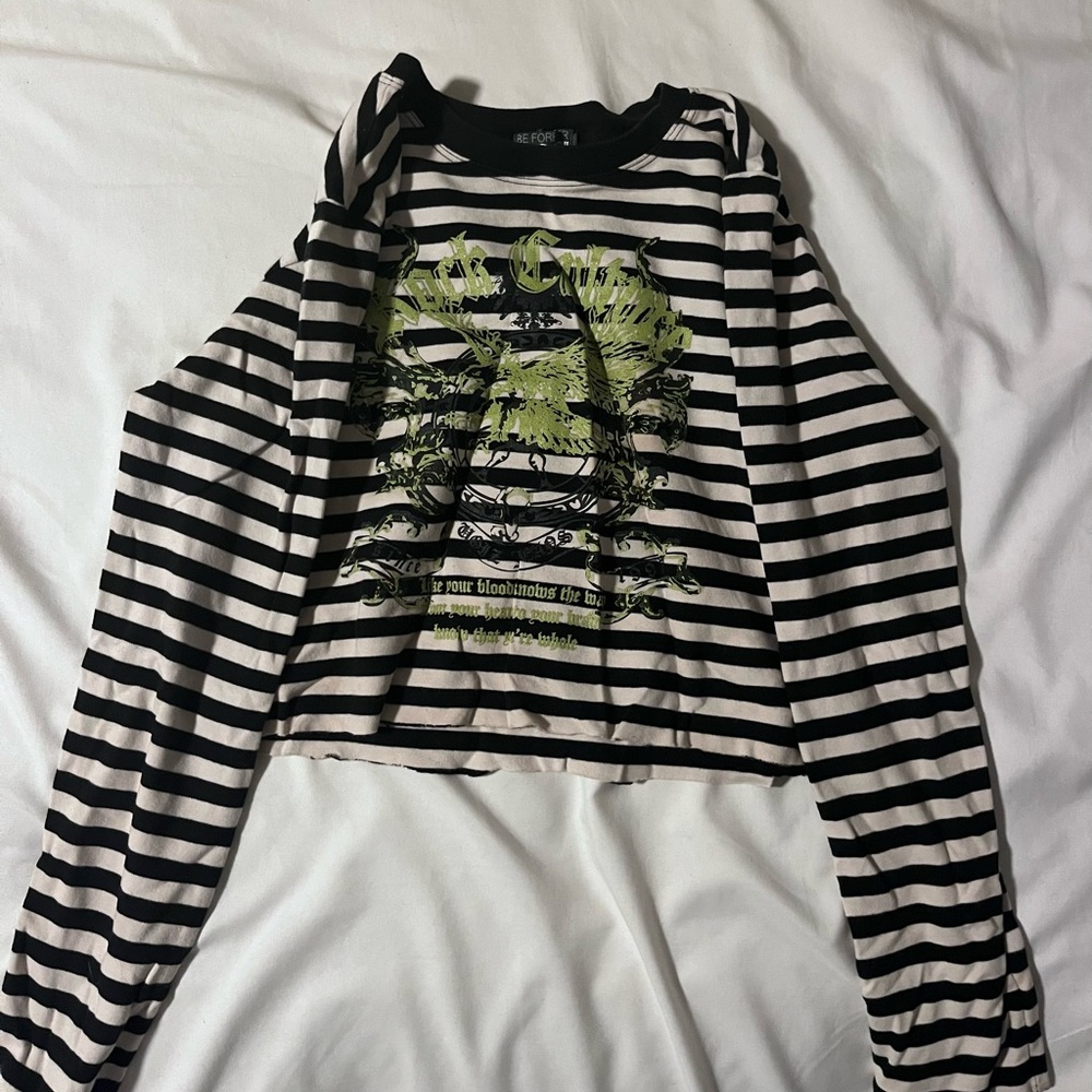 Striped Long Sleeve Tee With Green Glittery Graphic Design
